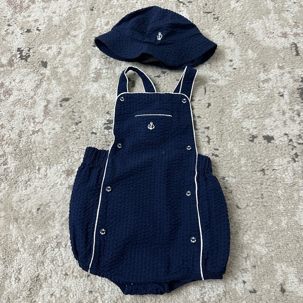Ralph Lauren Navy Blue Baby Romper & Hat Set